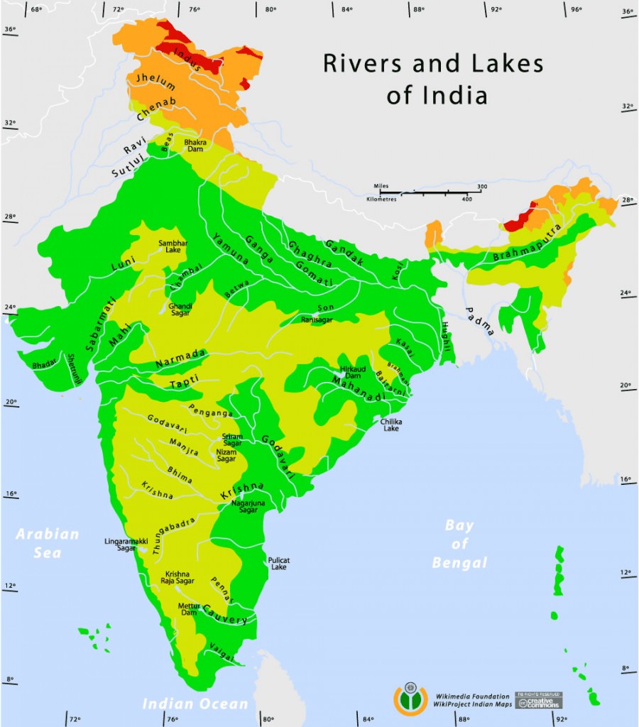 Rivers and lakes topographic map Maps of India